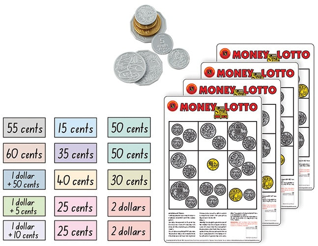 Learning Can Be Fun - Numeracy - Money Lotto 4 Mats,Counters & 2 Cards
