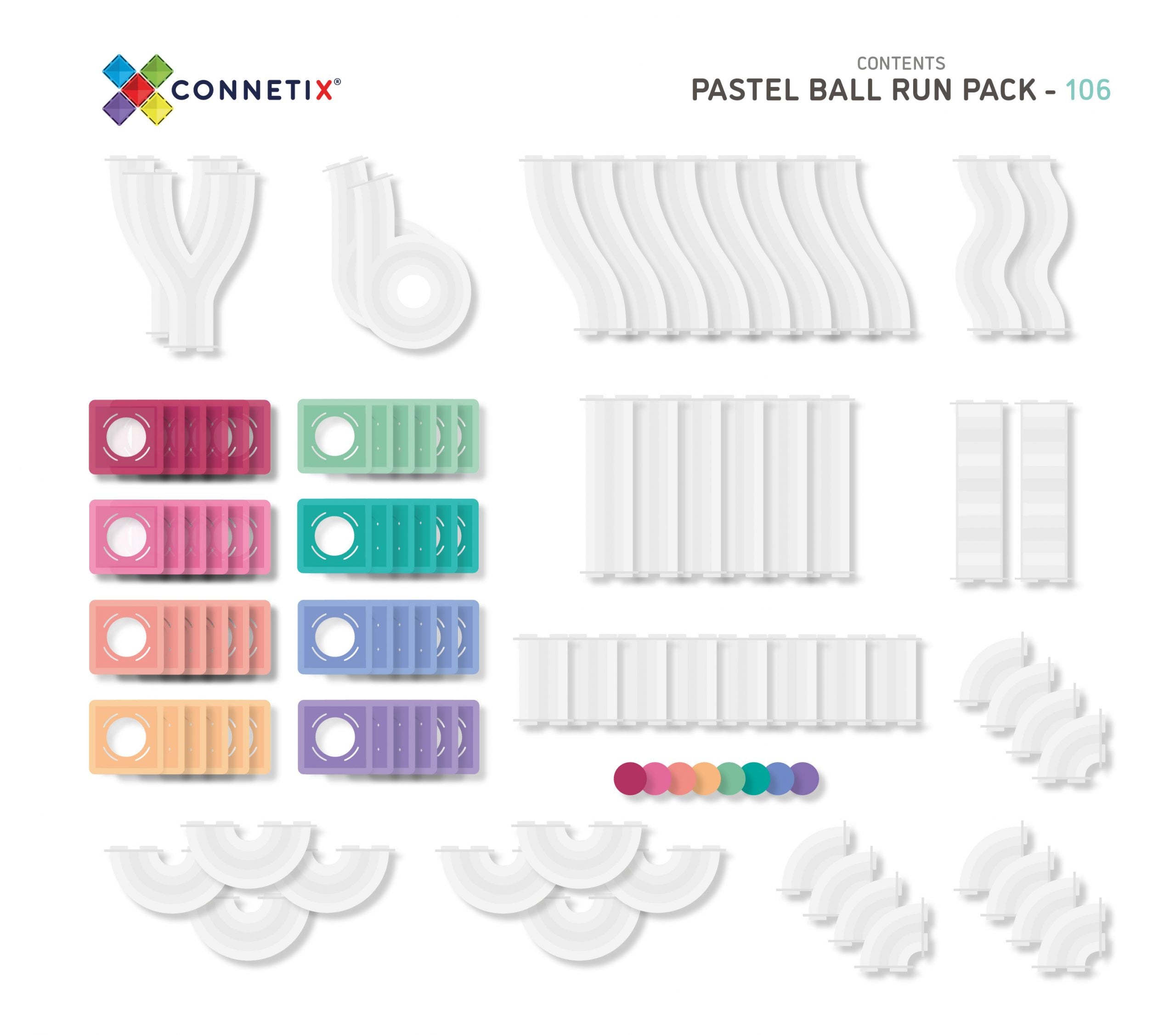 CONNETIX Magnetic Tiles - Pastel- Ball Run Pack -106 Piece