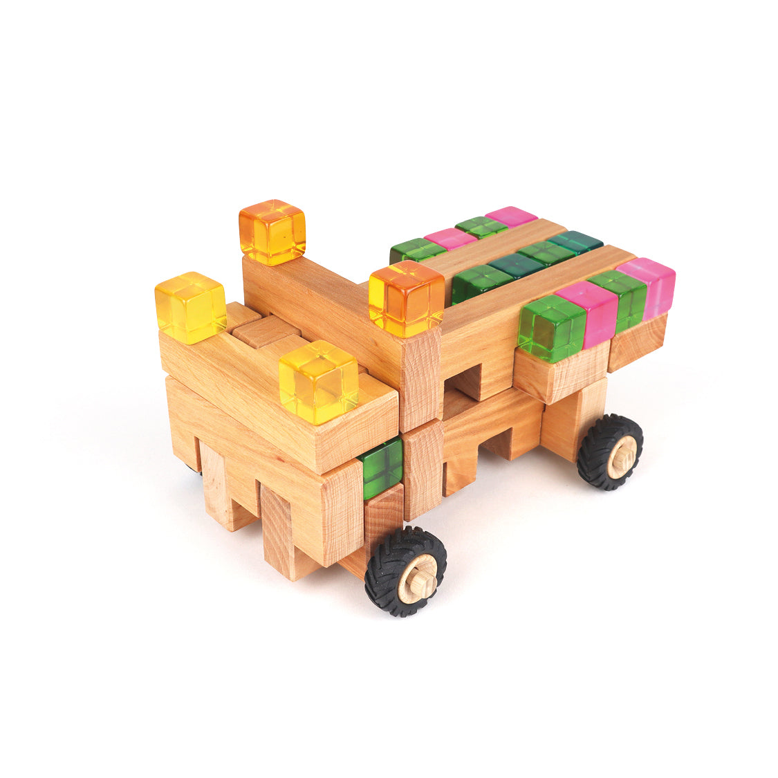 Bauspiel - Big Wheel Kit 30 pcs - Open ended block play. wooden blocks and wooden wheels with lucite cubes.