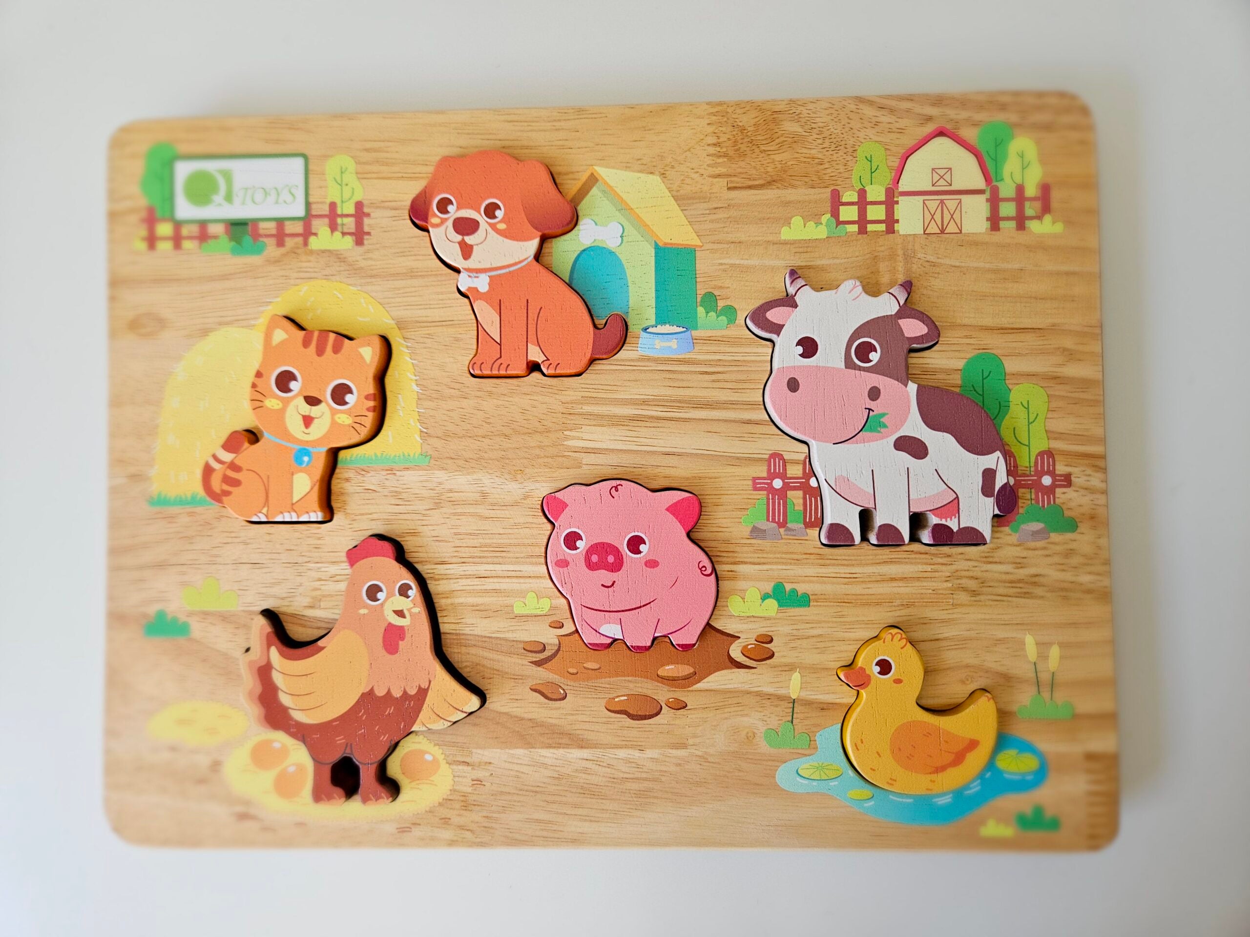 Qtoys - Farm Animal Play Set & Puzzle - 6 Piece Wooden