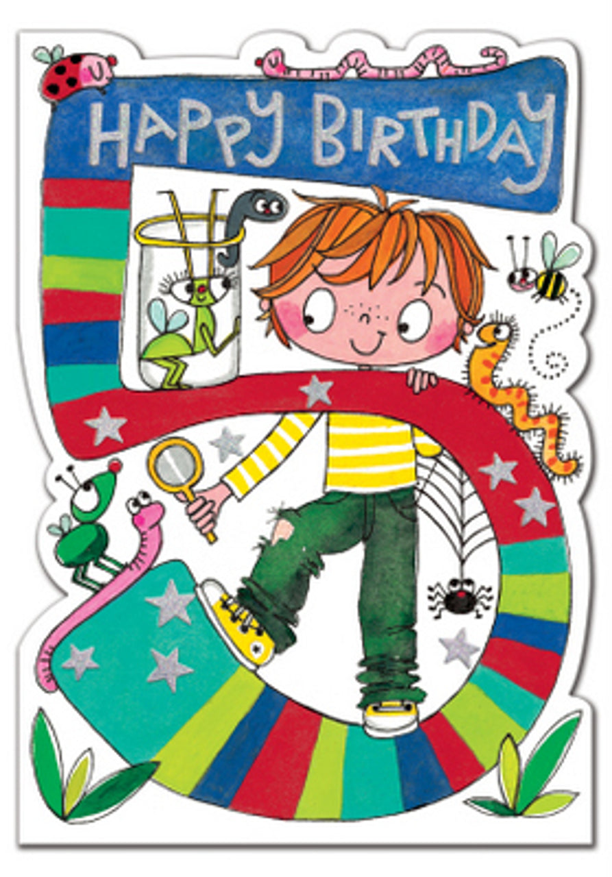 Greeting Card - Age 5  Boy & Bugs (Die-cut)