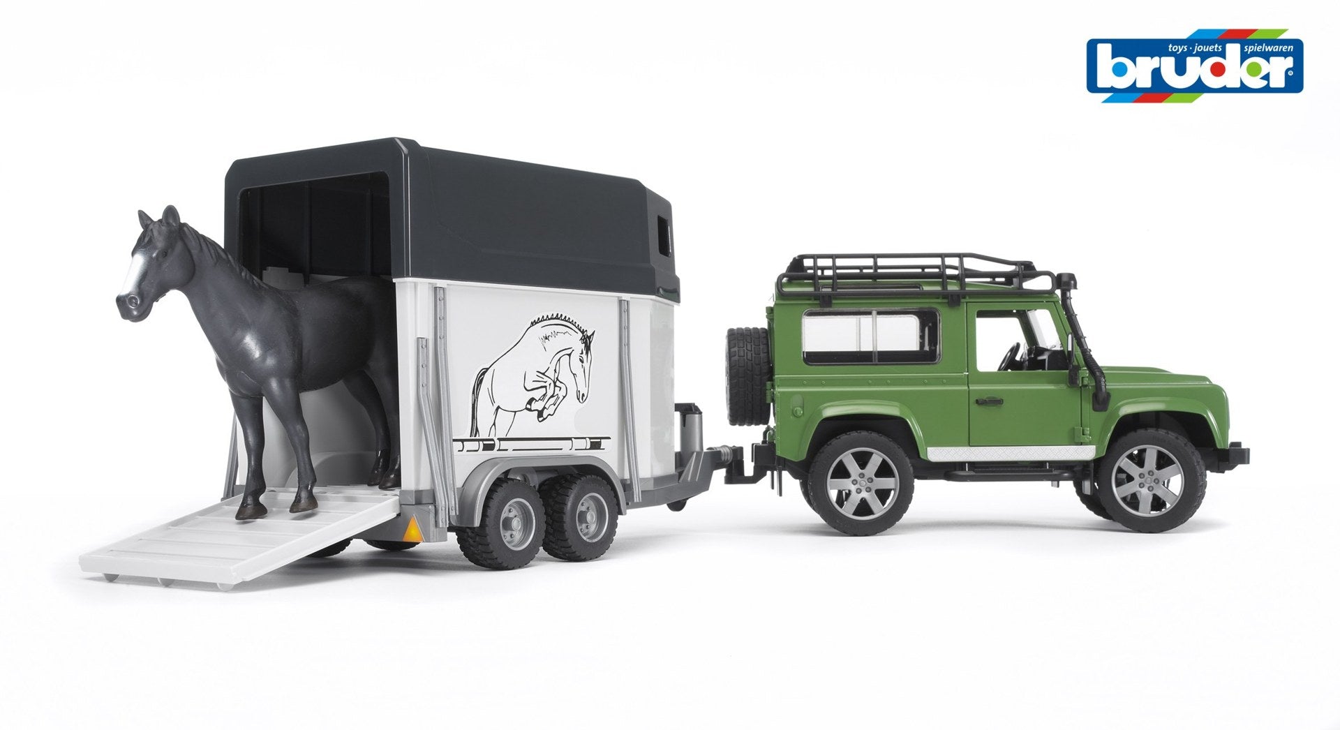BRUDER -BR1:16 Land Rover Defender Station Wagon w/Horse Trailer & 1 02592