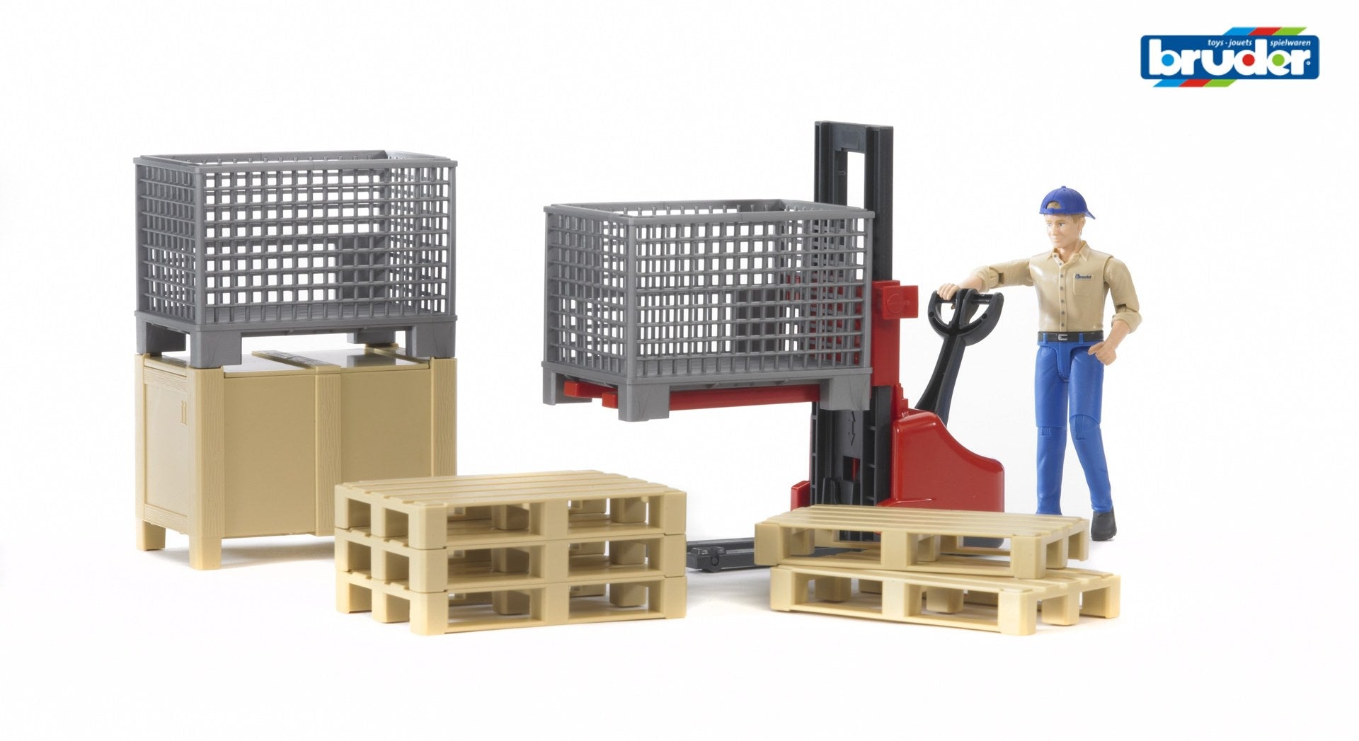 BRUDER - Bworld Logistics Figure Set with Fork Lift, Crates & Pallets