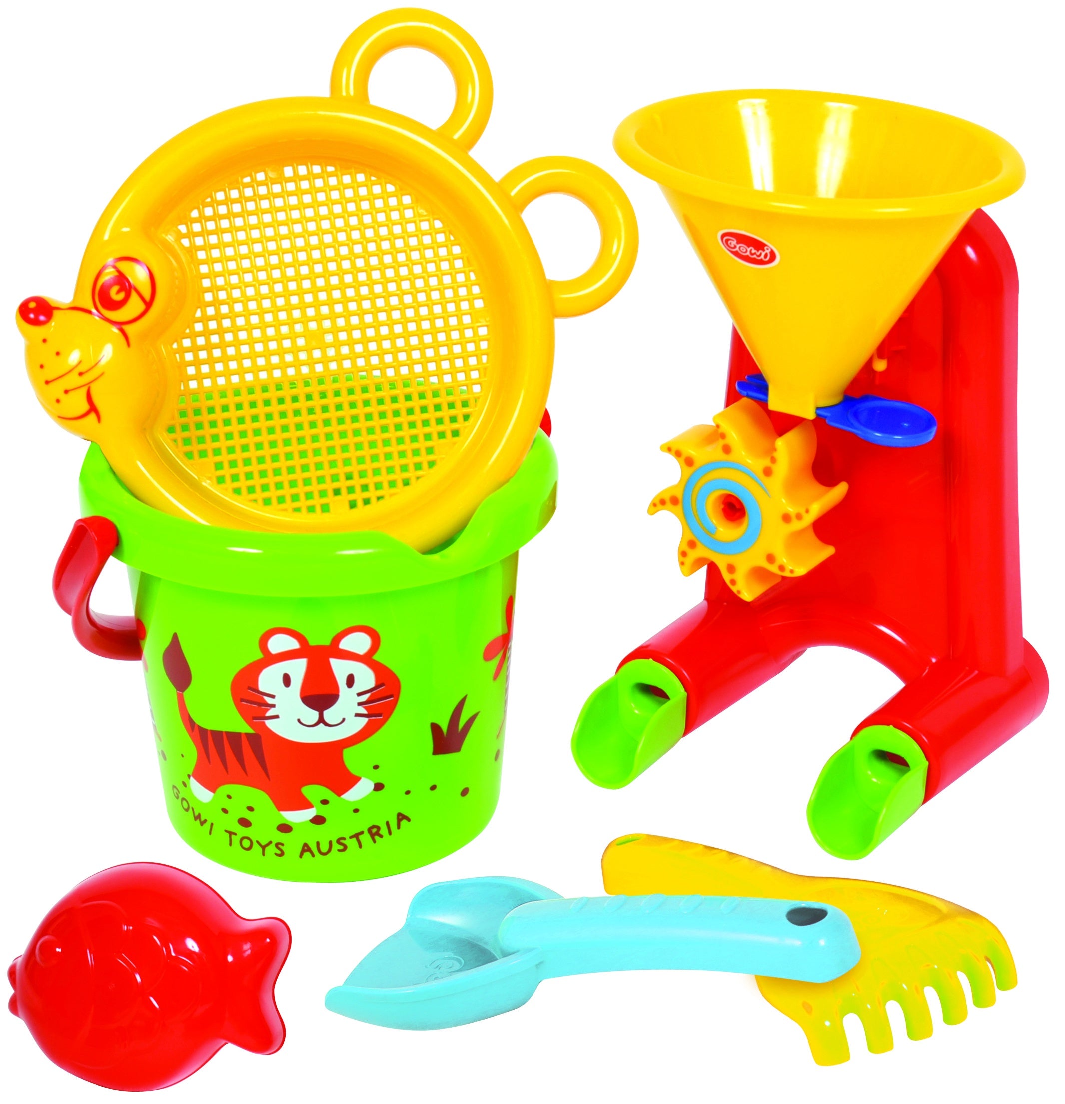 GOWI TOYS - Sand Bucket Tiger Set with Water Wheel - 6 Piece