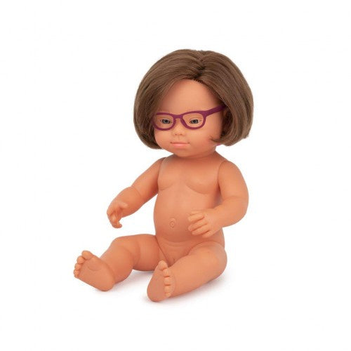 Miniland Doll - Caucasian Down Syndrome Girl, 38 cm, With Glasses, Anatomically Correct Baby Undressed