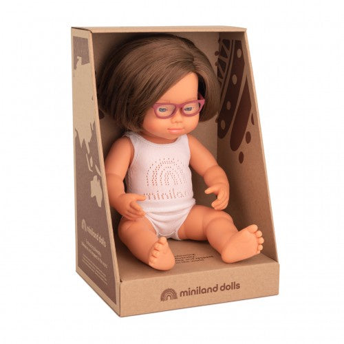 Miniland Doll -  Caucasian Down Syndrome Girl, 38 cm, With Glasses, Anatomically Correct Baby