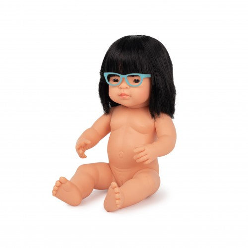 Miniland Doll - Asian Girl, 38 cm With Glasses, Undressed,  Anatomically Correct Baby