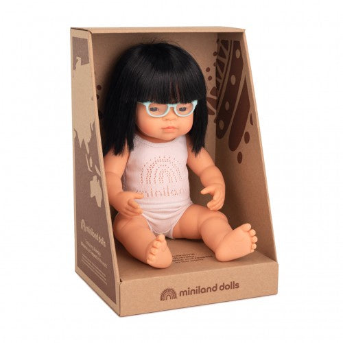 Miniland Doll - Asian Girl, 38 cm With Glasses, Anatomically Correct Baby