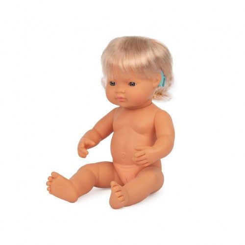 MINILAND Doll Caucasian Girl 38cm with Hearing Aid,  Pollybag, Anatomically Correct Baby Doll