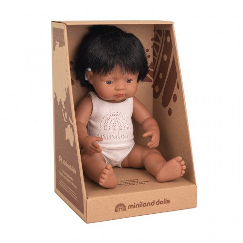 MINILAND Doll Latin American Boy 38cm , with Hearing Aid, Anatomically Correct Baby Doll