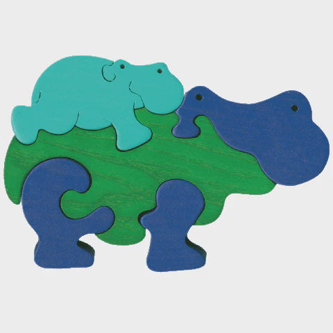 Fauna Puzzle - Hippo Family (Green) - Wooden Puzzle