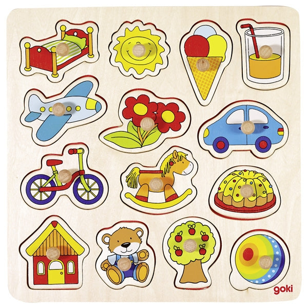GOKI Puzzle - Peg Puzzle - Rocking Horse, Ball etc - 14 Piece