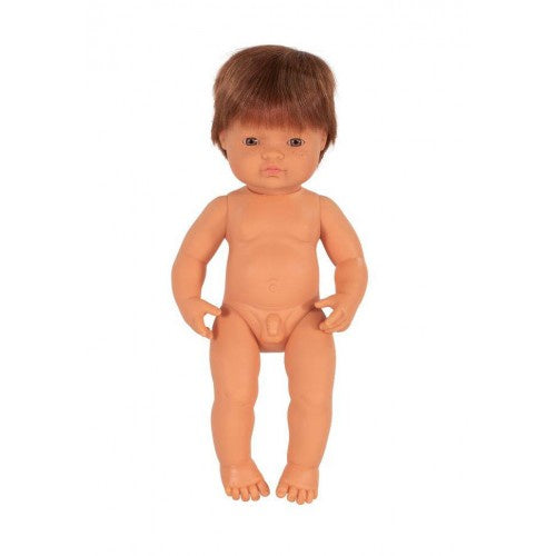  Miniland Doll - Caucasian Boy, Brunette, 38 cm POLLY BAG Anatomically Correct Baby Doll