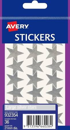 AVERY - Stickers - Large Silver Stars - Pack of 36