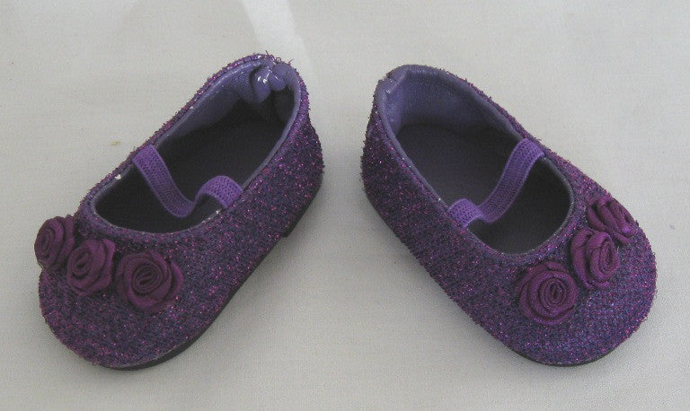 DRESS MY DOLL Shoes Purple Glitter w/Rosebuds