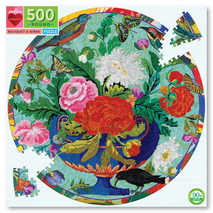 EEBOO -  Puzzle - Boquet & Birds -  500 Piece Round