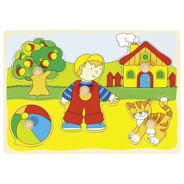 GOKI Puzzle - Peg - Cat, House, Boy, Ball, Tree - Wooden
