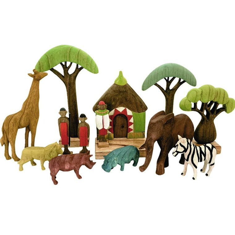 PAPOOSE - Africa Animal & Village  Set - Wooden - Set of 13