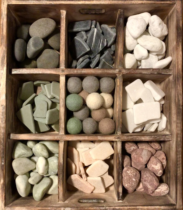 PAPOOSE Loose Parts - Rock box - Sensory Sort Set with Wooden Crate - 9 Section